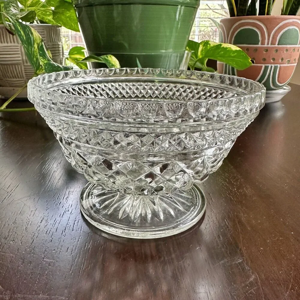 Vintage Anchor Hocking Footed Bowl Candy Dish Wexford Pressed Diamond Pattern